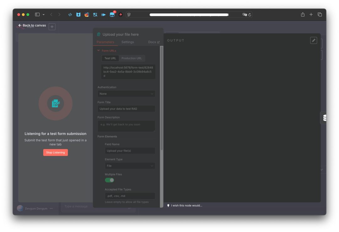 图中展示Execute Step之后会显示正在监听表单提交