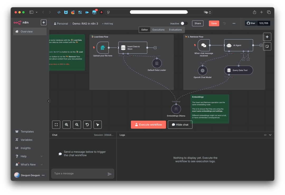 图片中删除了原本的OpenAIEmbedding节点，替换成了OllamaEmbedding节点