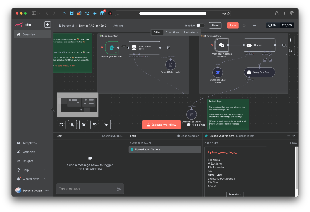 图片中工作流面板的下方，靠左侧的位置有一个Chat面板