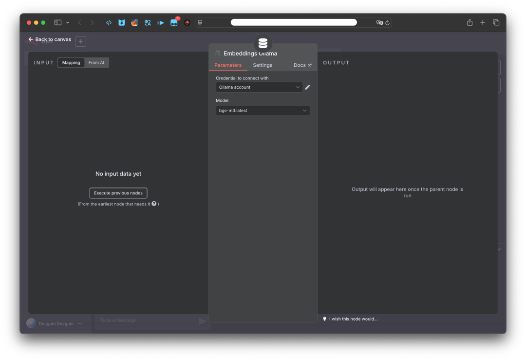 图片展示的是Ollama Embedding节点配置，使用了bge-m3模型来作为Embedding模型