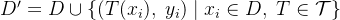 D' = D \cup \{ (T(x_i),\; y_i) \mid x_i \in D,\; T \in \mathcal{T} \}