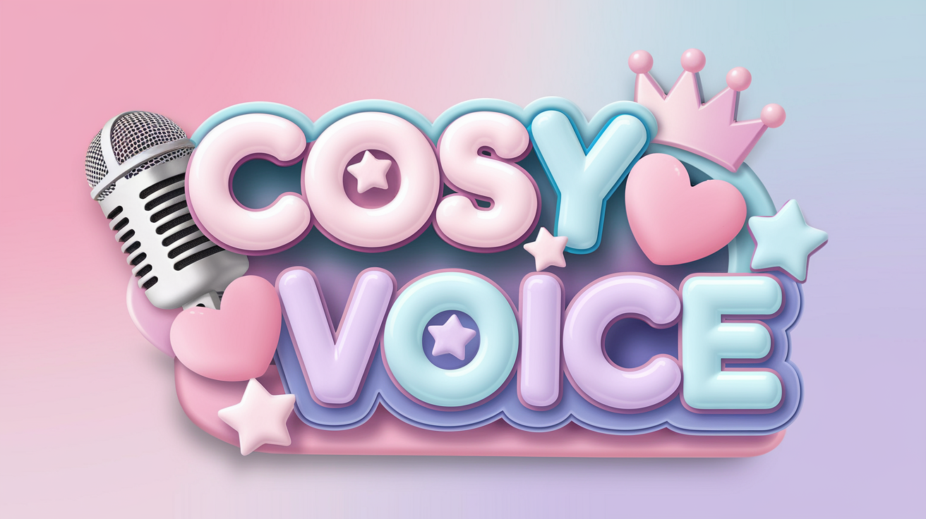A 3D rendering of the "CosyVoice" logo. The logo features a rounded font in pastel shades of pink, blue, and purple. The name is adornedwith stars, pink hearts, and a crown. The logo has a fun and youthful aesthetic. a microphone on left.The background is a soft gradient. This logo is perfect for romantic and youthful projects, photography, illustration, 3D rendering, typography, cinematic visuals, anime, fashion, and more.