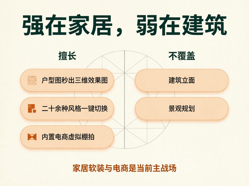 20+风格切换偏家居软装、建筑立面不覆盖，61+风格秒出对比图则聚焦照片改风格。
