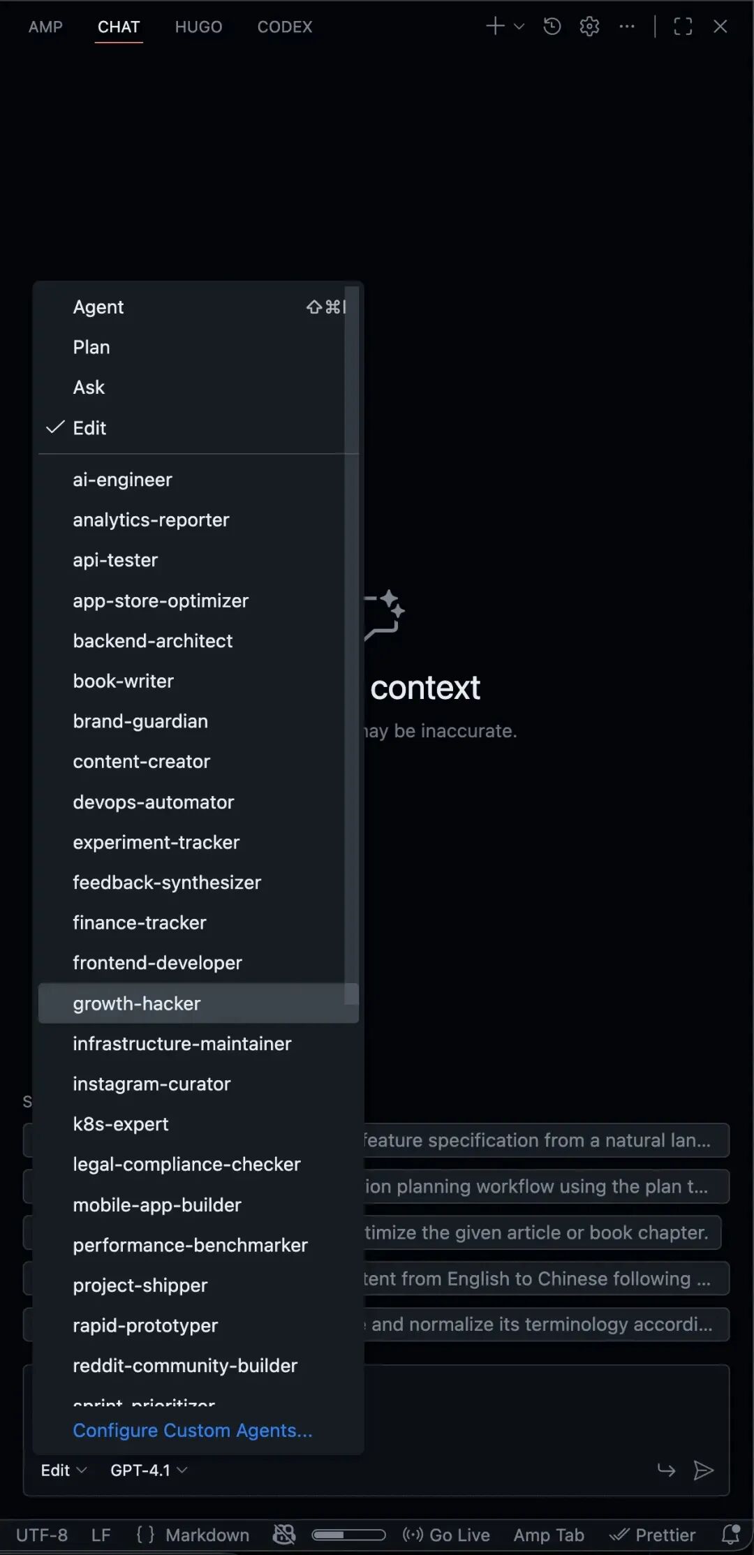 Copilot chat 可以选择自定义 agent